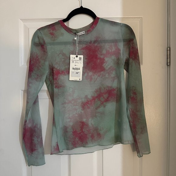 Zara Mesh Tie Dye Sheer Long Sleeve Top Size Small - Picture 2 of 2